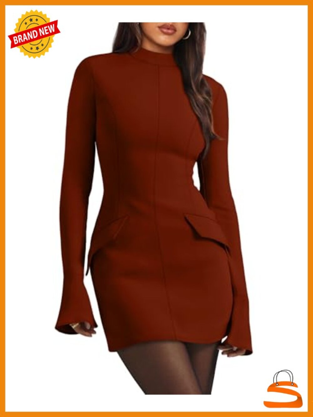 Long Sleeve Mock Neck Bodycon Mini Dress Ruffle Cuffs Flap Pockets